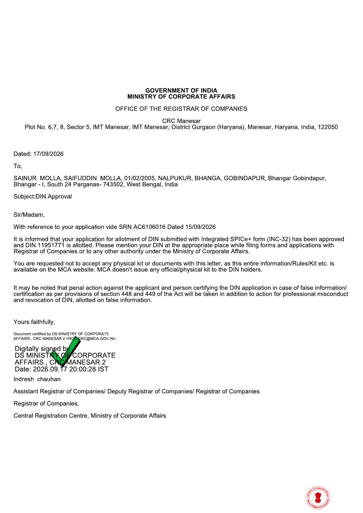 DIN Approval Letter — Sainur Molla — Ministry of Corporate Affairs