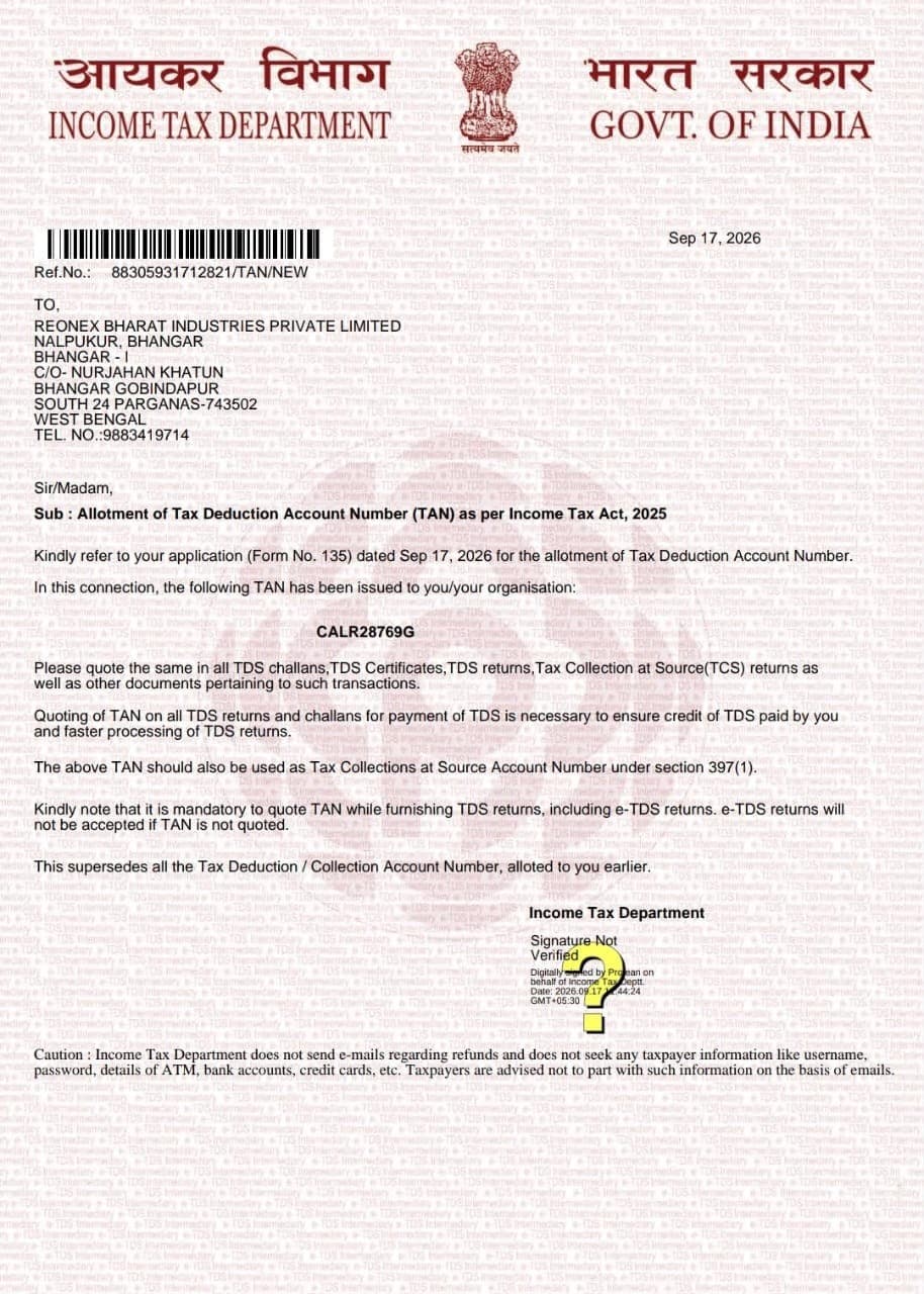 REONEX BHARAT INDUSTRIES PRIVATE LIMITED — TAN Allotment Letter
