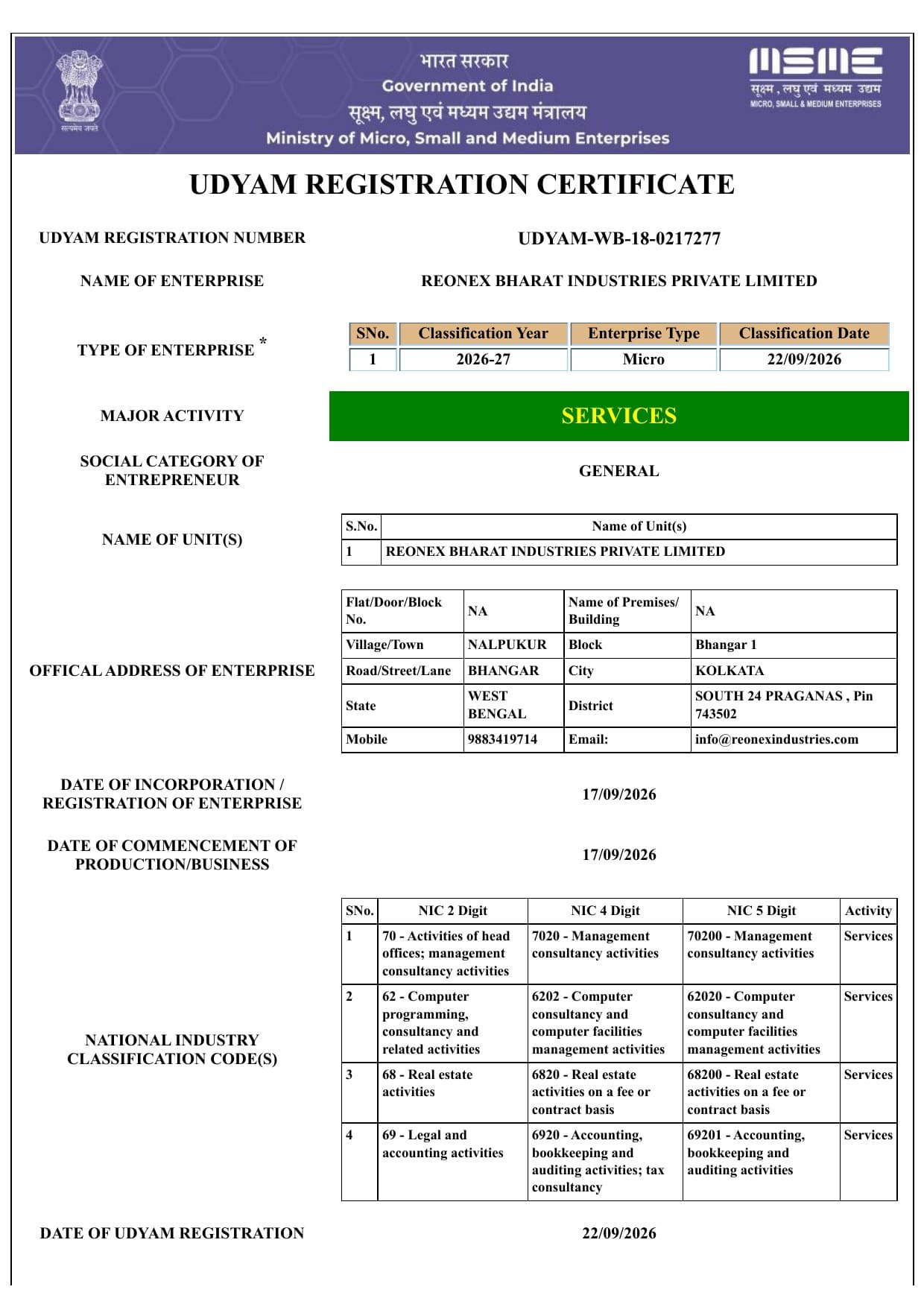 REONEX BHARAT INDUSTRIES PRIVATE LIMITED — Udyam Registration Certificate
